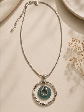 Lia Sophia Out To Sea Teal Circle Necklace Silver Tone Snake Chain Pendant